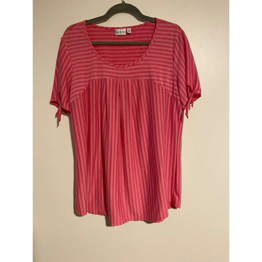 Kim Rogers Womens Top Striped Pink Blouse L Short Sleeve Tie Detail Casual Comfy